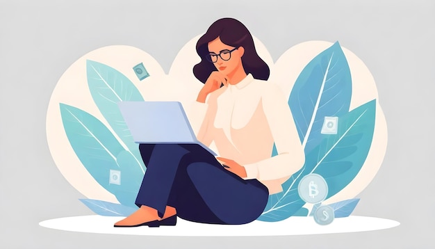 Business Analytics Woman Vector Illustration Laptop Money and Deep Thought