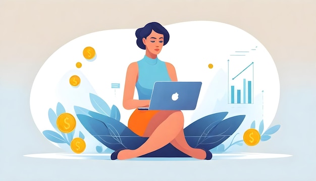 Photo business analytics woman vector illustration laptop money and deep thought