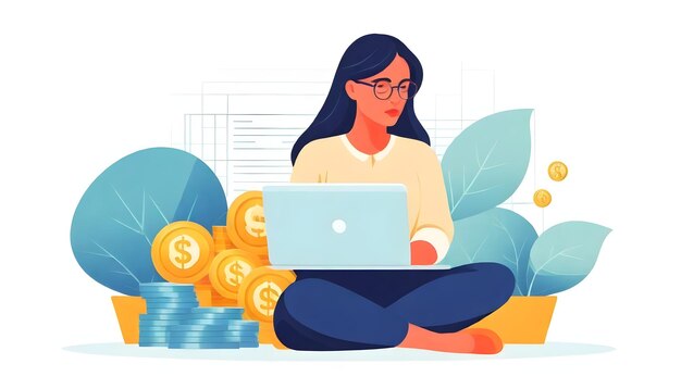 Business Analytics Woman Vector Illustration Laptop Money and Deep Thought