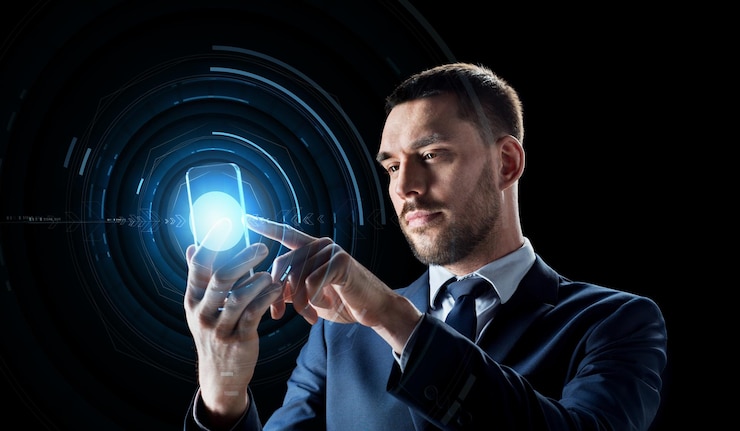 Photo business, augmented reality and future technology concept - businessman in suit working with transparent smartphone and hologram over black background