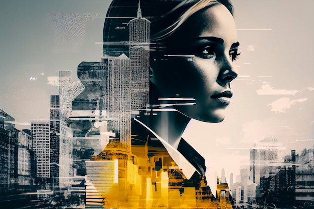 Business background businesswoman double exposure effect and city buildings illustration