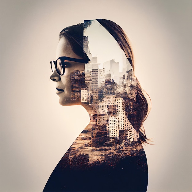 Business background businesswoman double exposure effect and city buildings illustration