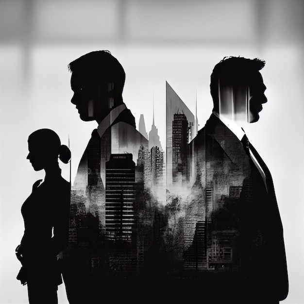 Business background teamwork double exposure effect with city buildings illustration