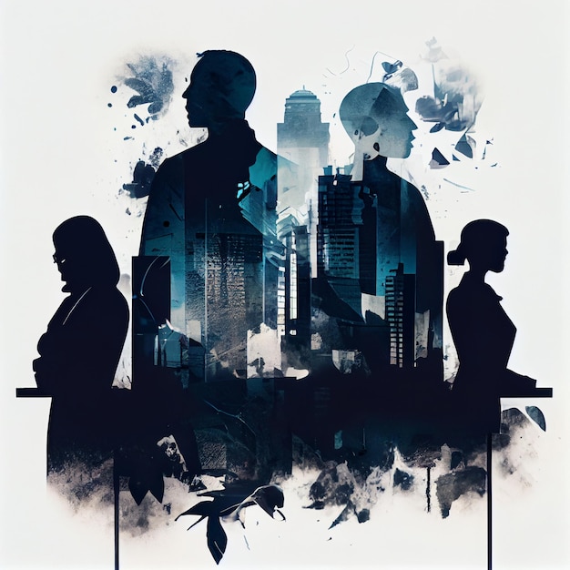 Business background teamwork double exposure effect with city buildings illustration