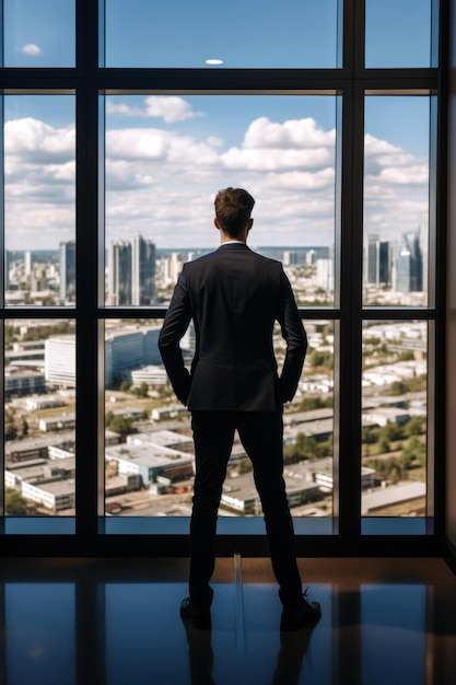 business background with a businessman calmly looking from the window