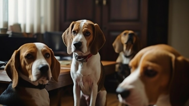 Business beagle team conversation beagle presiding over an office meeting and Generative AI