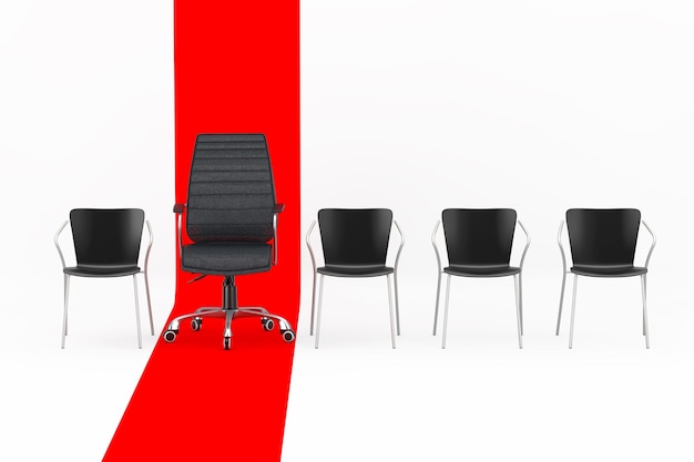 Foto business black office leather boss poltrona in fila con sedie semplici su linea rossa su sfondo bianco. rendering 3d