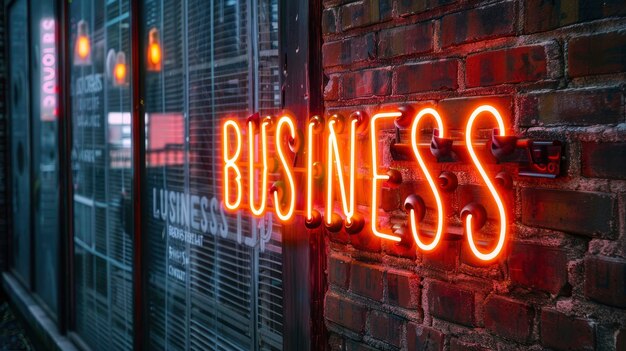 BUSINESS in bold neon lettering shining brightly against a brick wall background signaling professionalism and commerce