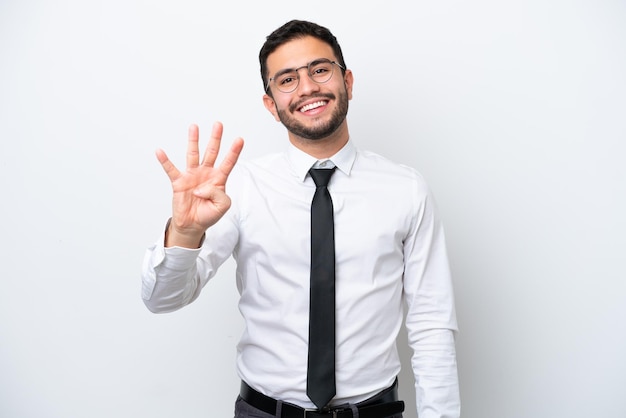 Business Brazilian man isolated on white background happy and counting four with fingers