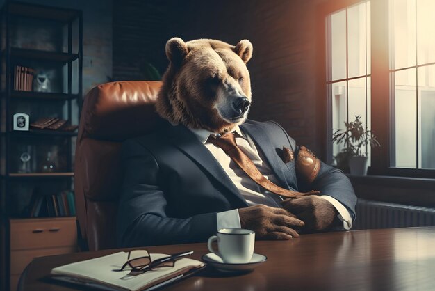 Photo business brown bear in suit sitting at a table in office generative ai