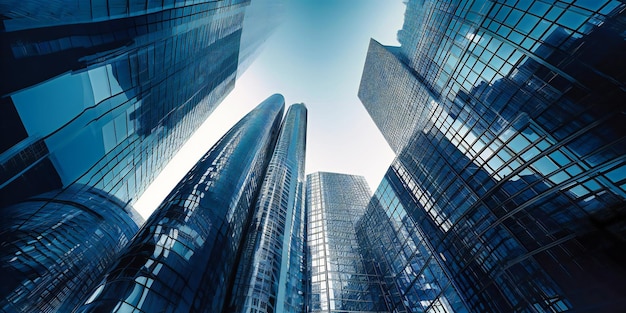 Business buildings looking up against blue sky