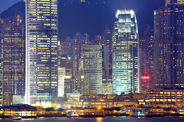 business buildings at night in Hong Kong