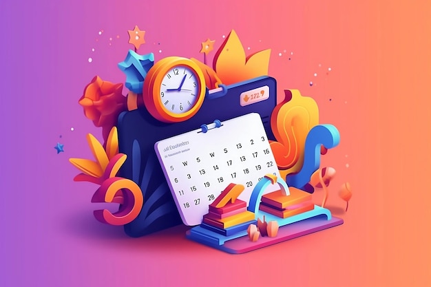 Foto calendario aziendale con orologio e pila di libri con decorazione floreale con ai generativa in stile 3d