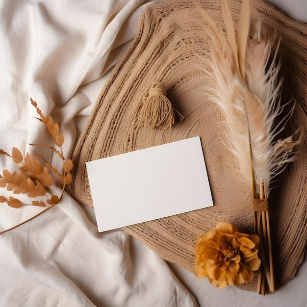 Business card mockup in boho theme minimalistic on beige fabric
