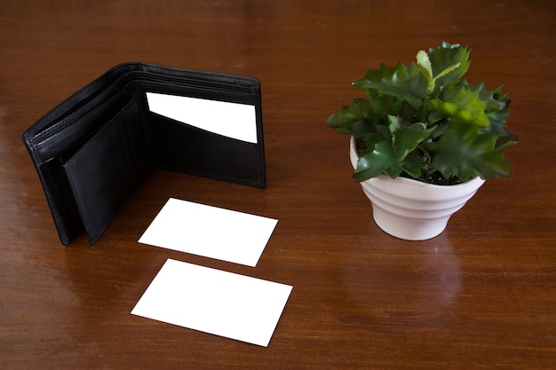 Business card mockup wallet wood plant