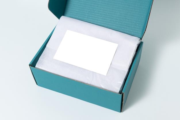 business card png mockup transparent label design blue parcel box