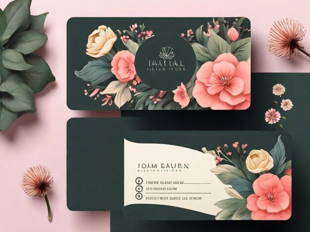 Photo business card template pink peony flower doublesided blue colors flat design vector illustration stationery design