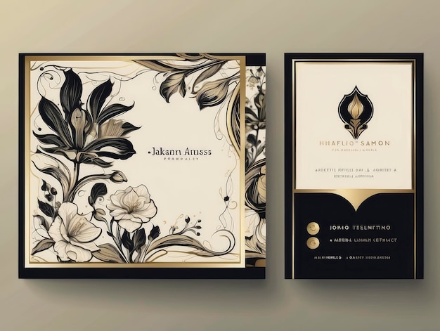 a business card with a floral design on it and a business card with a gold border