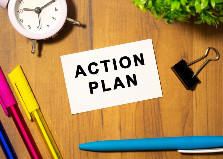 ACTION PLANというテキストの名刺は、事務用品の中の木製のオフィステーブルにあります。ビジネスコンセプト。