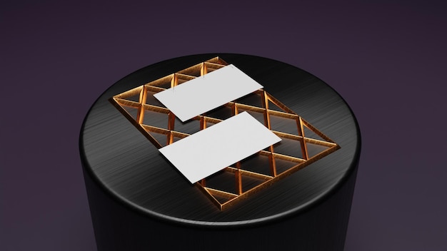Фото Визитные карточки на золотой решетке и цилиндрическом корпусе 3d-рендеринга в роскошных цветах