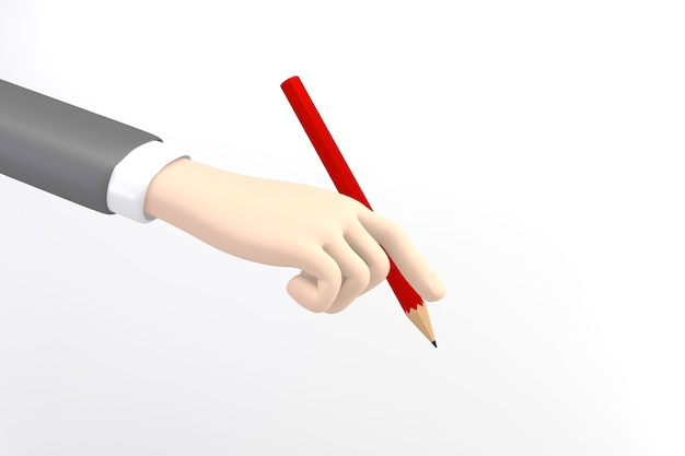 Business cartoon mockup hand holding a red pencil on white background. 3D rendering