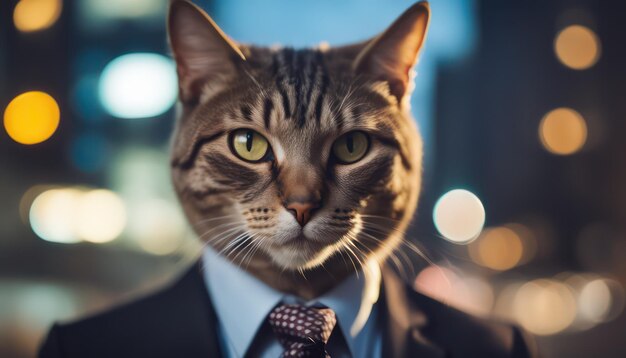 Business cat in the city at night