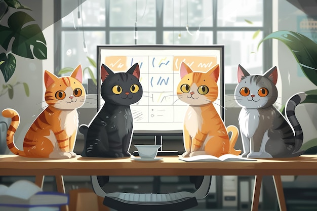 Business cat personages in een brainstorming sessie met behulp van een smartboard