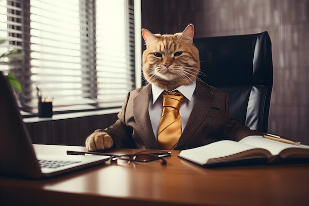 Foto gatto in abito da lavoro seduto a un tavolo in ufficio ai generativa