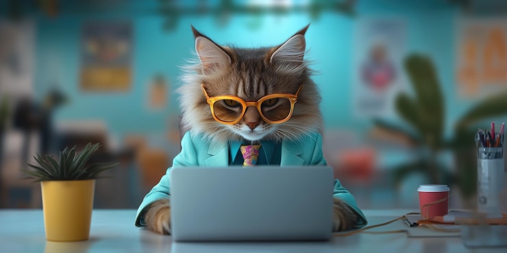 Photo business cat working on laptop in office setting hilarious furry executive at desk