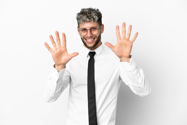 Business caucasian man isolated on white background counting ten with fingers