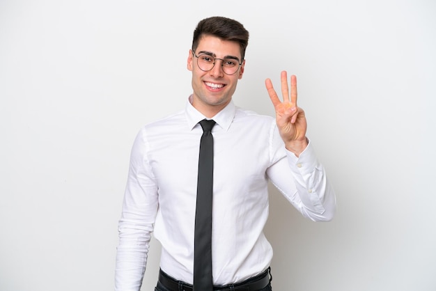 Business caucasian man isolated on white background happy and counting three with fingers