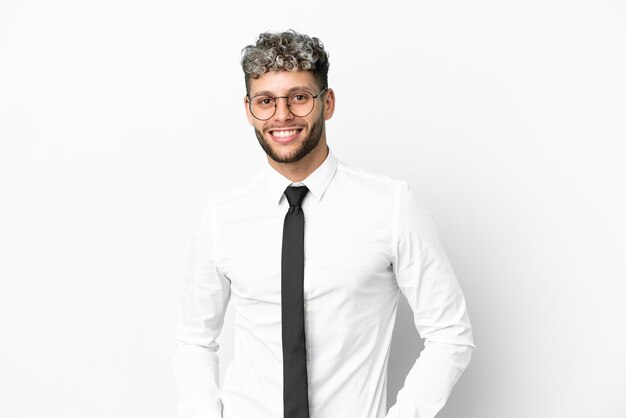 Business caucasian man isolated on white background laughing
