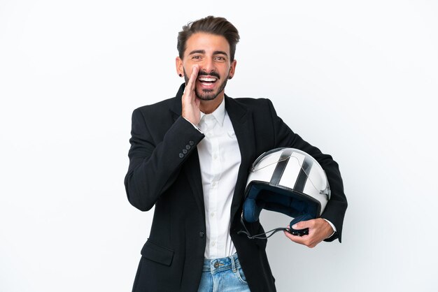 Business caucasian man isolated on white background shouting with mouth wide open