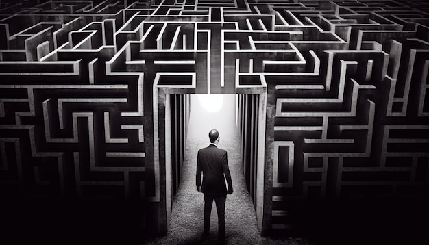 Foto business challenge un uomo d'affari all'ingresso di un labirinto creato con l'ia generativa