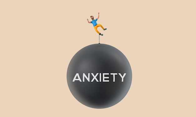 Business character chained to a large falling anxiety ball 3D Rendering