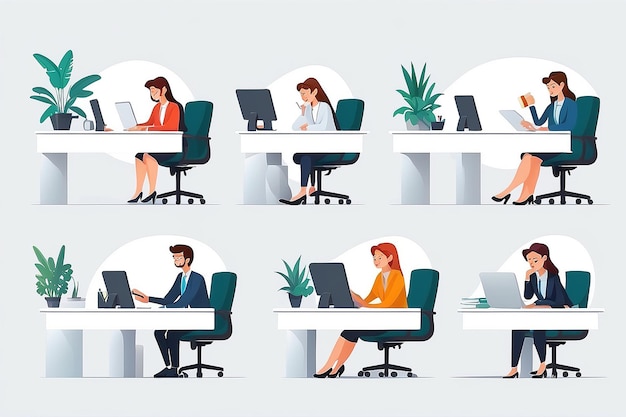 Business characters working in office desk vector set Female office character typing calling and thi