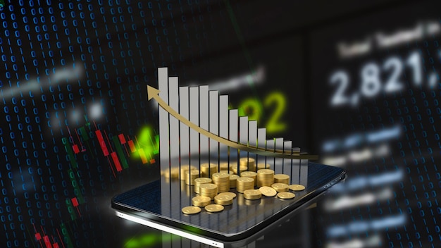 The business chart and gold coins on tablet 3d rendering