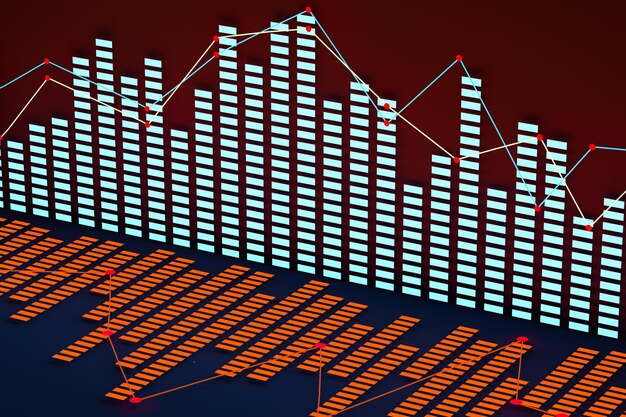 Photo business chart with line graph bar chart and numbers on dark background 3d rendering computer digital drawing