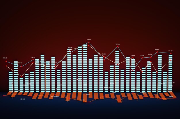 Business chart with line graph bar chart and numbers on dark background 3d rendering