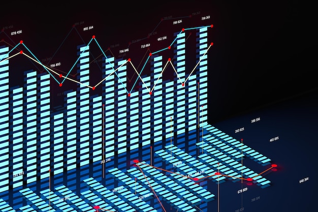 Business chart with line graph bar chart and numbers on dark background 3d rendering