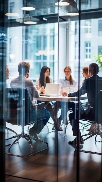 Business colleagues conducting meeting in board room at office seen through glass