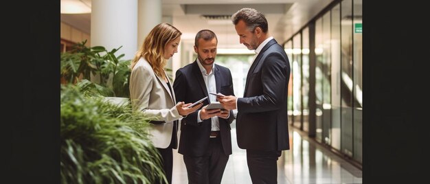 business colleagues discussing over tablet computer in corridor