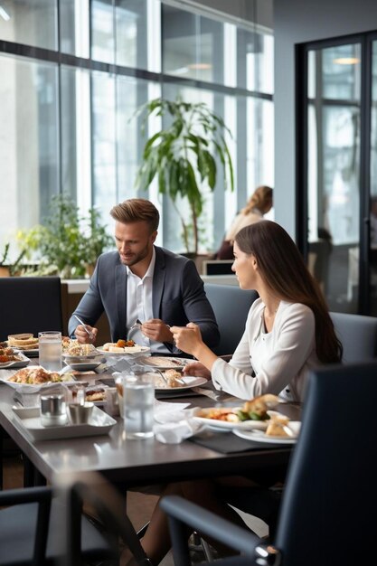 business colleagues doing lunch sitting at table in office