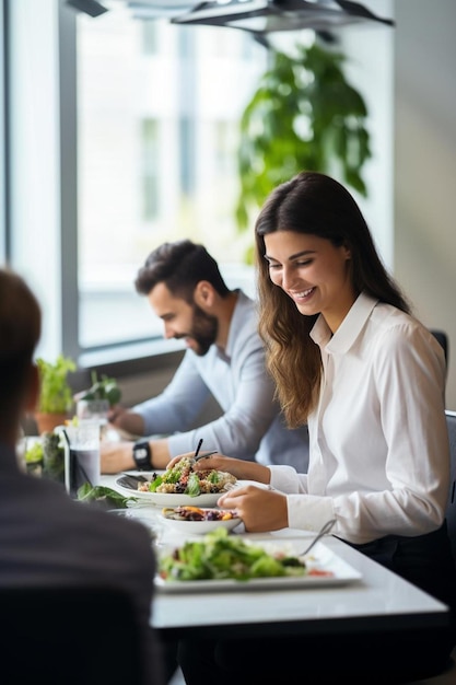 business colleagues doing lunch sitting at table in office