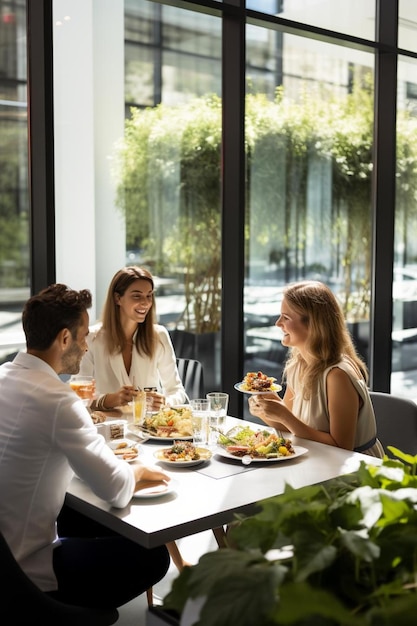 деловые коллеги наслаждаются рабочим обедом в современном офисе