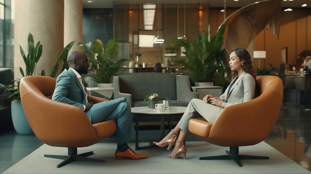 Business colleagues resting on table in office lobby