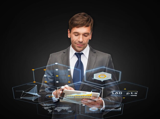 Photo business, communication, modern technology and office concept - buisnessman with tablet pc