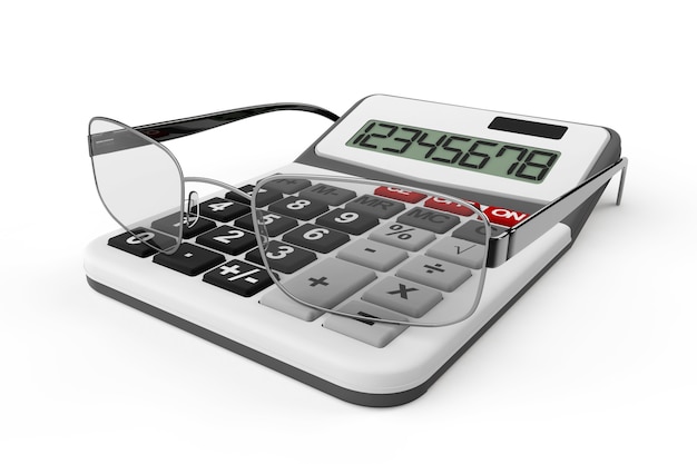 Business concept. Accounting calculator with glasses on a white background