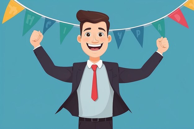 Business concept businessman feeling happy and holding Happy Friday banner