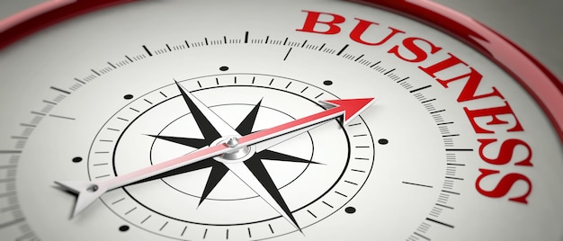 Бизнес-концепция Красная стрелка компаса, указывающая на слово Business 3d illustration